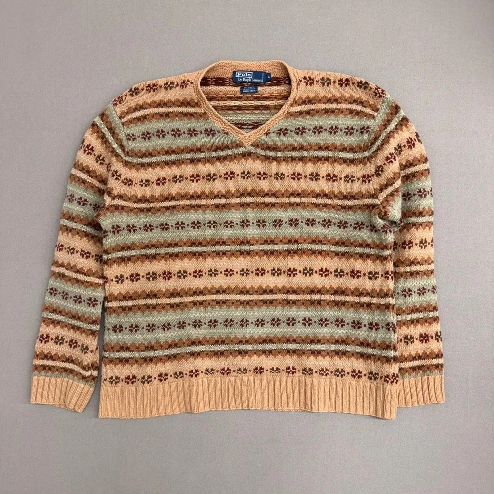 Polo Ralph Lauren Hand Knit Fair Isle V-Neck Sweater Linen Cotton Mens Large Tan